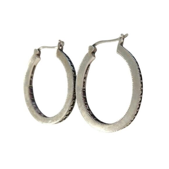 925 Sterling Silver Round Hoop Huggie Earrings Pink Sapphires Marcasites Signed - Picture 9 of 15